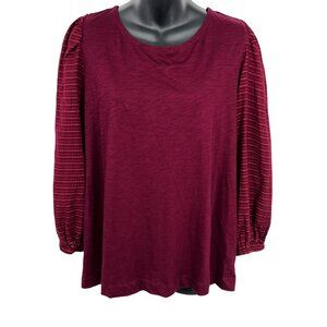 Loft Womens Burgundy Top Striped Balloon Sleeve Tie Back Long Sleeve Stripe New